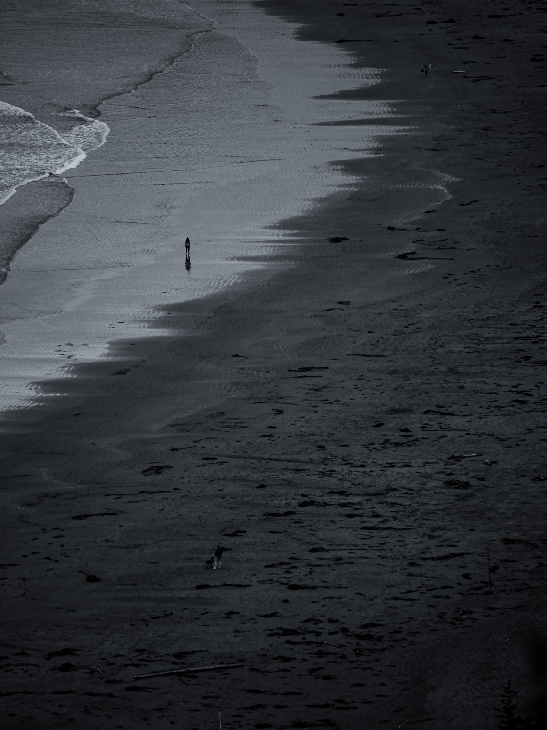 A lone walker on a long dark beach, photo by Byron Lambert