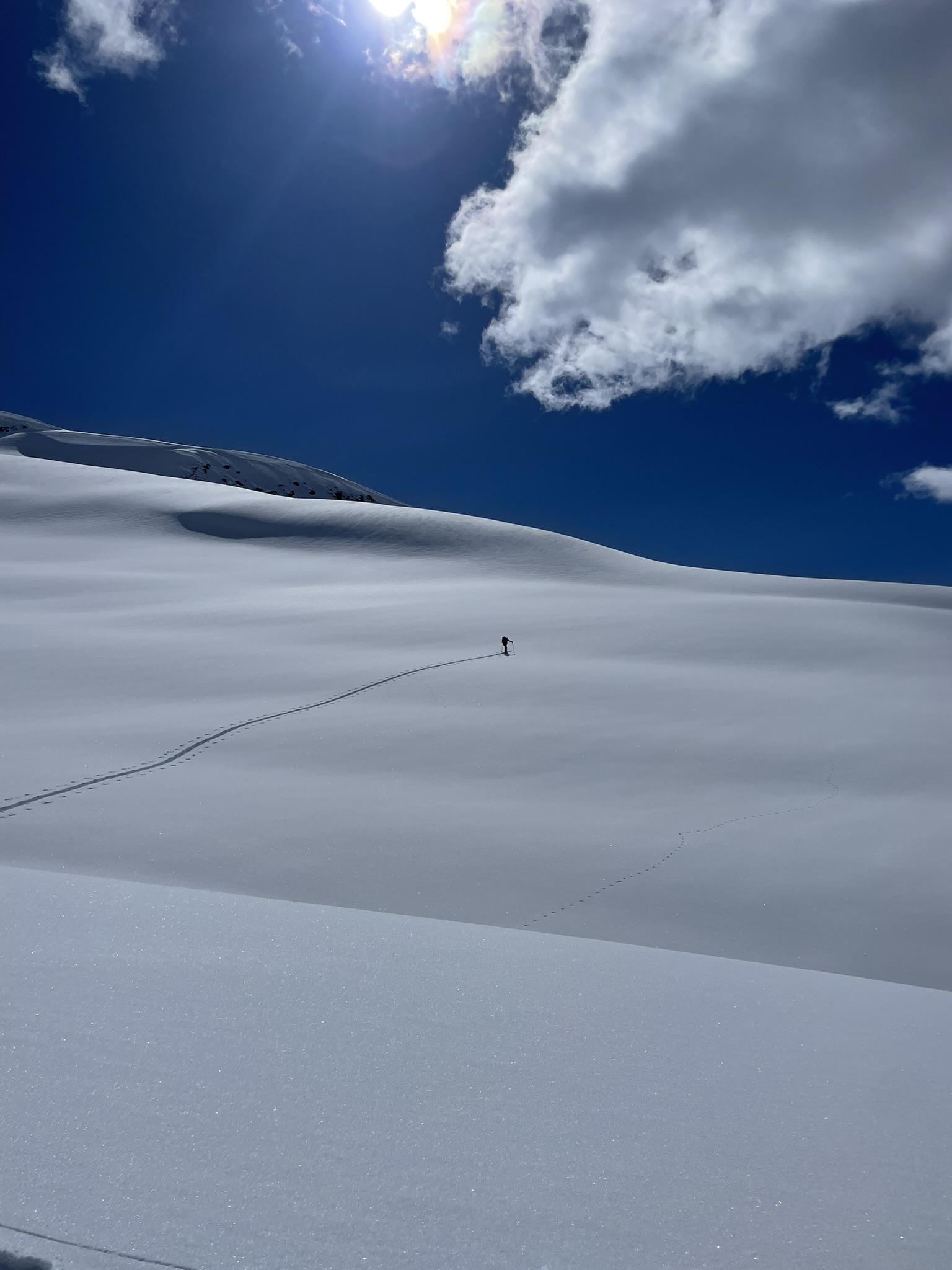A lone skier far up a wide open snowfield, with the skin track winding up behind them